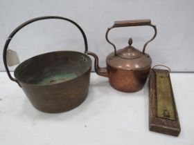 Brass jam pan , copper kettle and brass thermometer housing in wooden case.