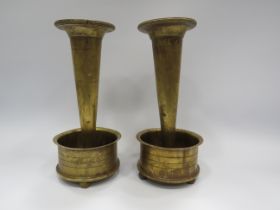 Pair of trench art brass shell case vases dated 1914 and 1915, approx 11.5" tall.