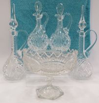 2 Pairs of crystal claret jugs and large crystal bowl.