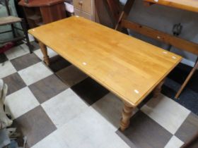 Blondewood Low table with turned legs. H:17 x W:50 x D:24 inches. See photos. S2