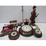 Mixed lot to include Barometers, brass weights, companion set etc.
