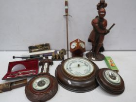 Mixed lot to include Barometers, brass weights, companion set etc.