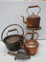 Brass jam pan, 3 copper kettles and a large brass trivot etc.