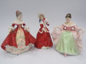 3 Small Royal Doulton Figurines Southern Belle, Christmas Morn & Sara. 4" tall.