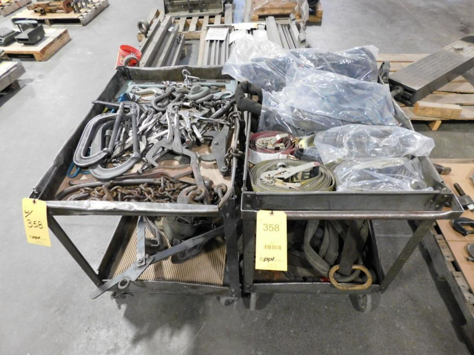 LOT: (2) Carts w/Assorted Lifting Equipment, Clamps, Pliers, Used Straps & Lifting Slips