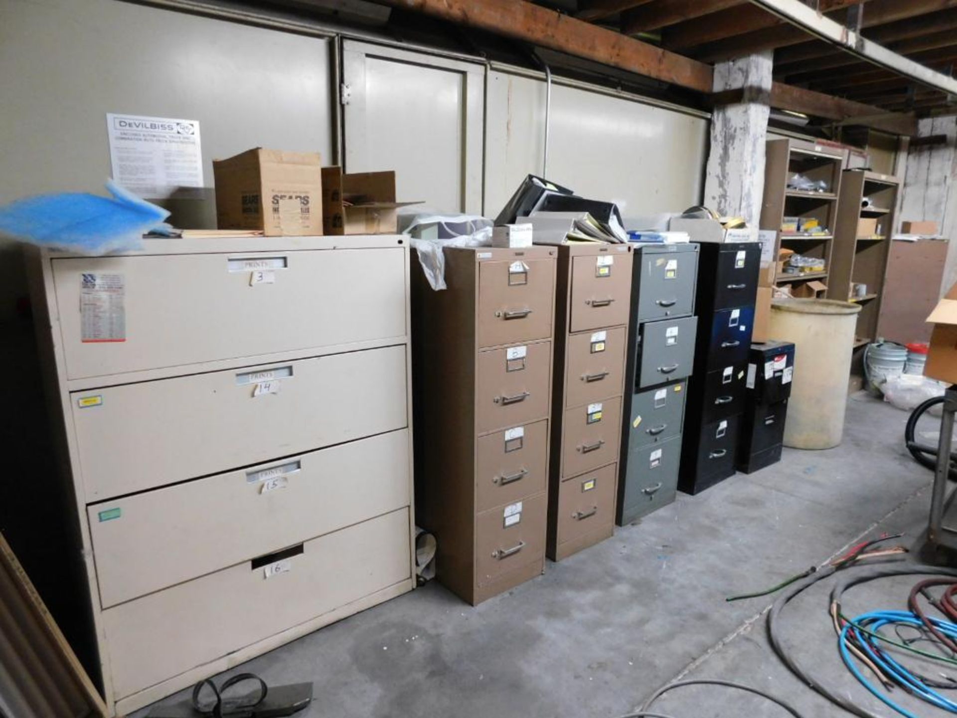 LOT: Contents of Room & Paint Booth, Assorted Filing Cabinets, Shelves w/Contents, Paint Mixer,