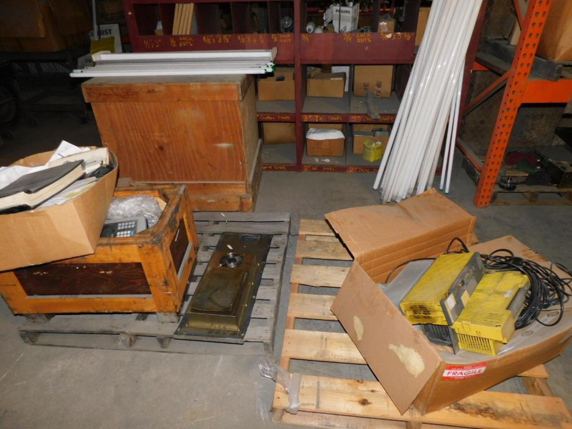 LOT: Contents of Maintenance Room: Fuse Boxes, Wire, Assorted Belts, Spare Machine Parts, - Image 9 of 13