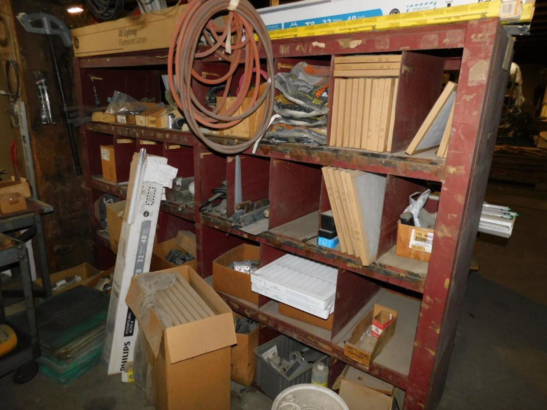 LOT: Contents of Maintenance Room: Fuse Boxes, Wire, Assorted Belts, Spare Machine Parts, - Image 8 of 13