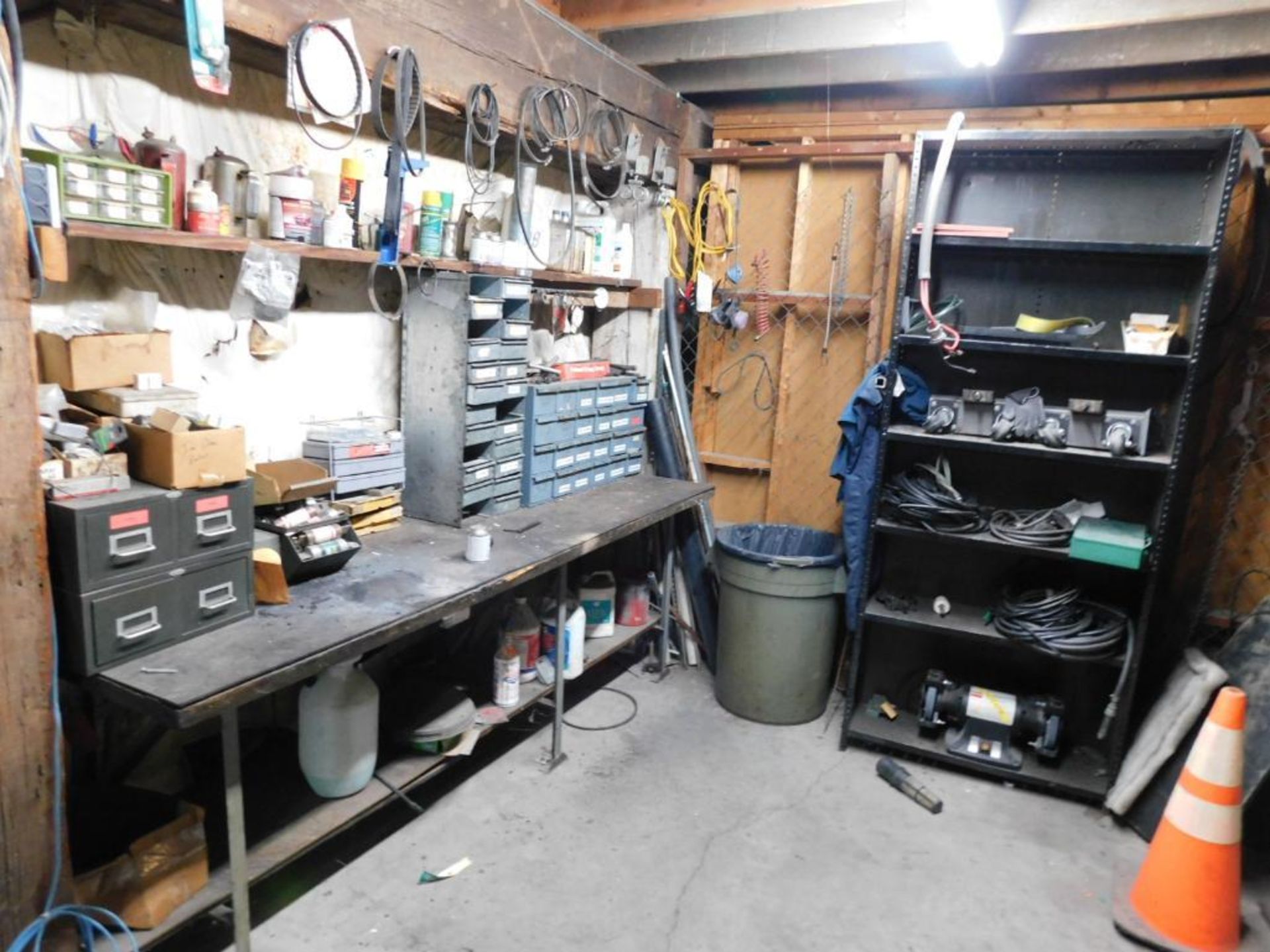 LOT: Contents of Maintenance Room: Fuse Boxes, Wire, Assorted Belts, Spare Machine Parts,