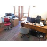 LOT: Contents of Offices: Assorted Desks, Filing Cabinets, Office Chairs, Folding Chairs, (2) Displ