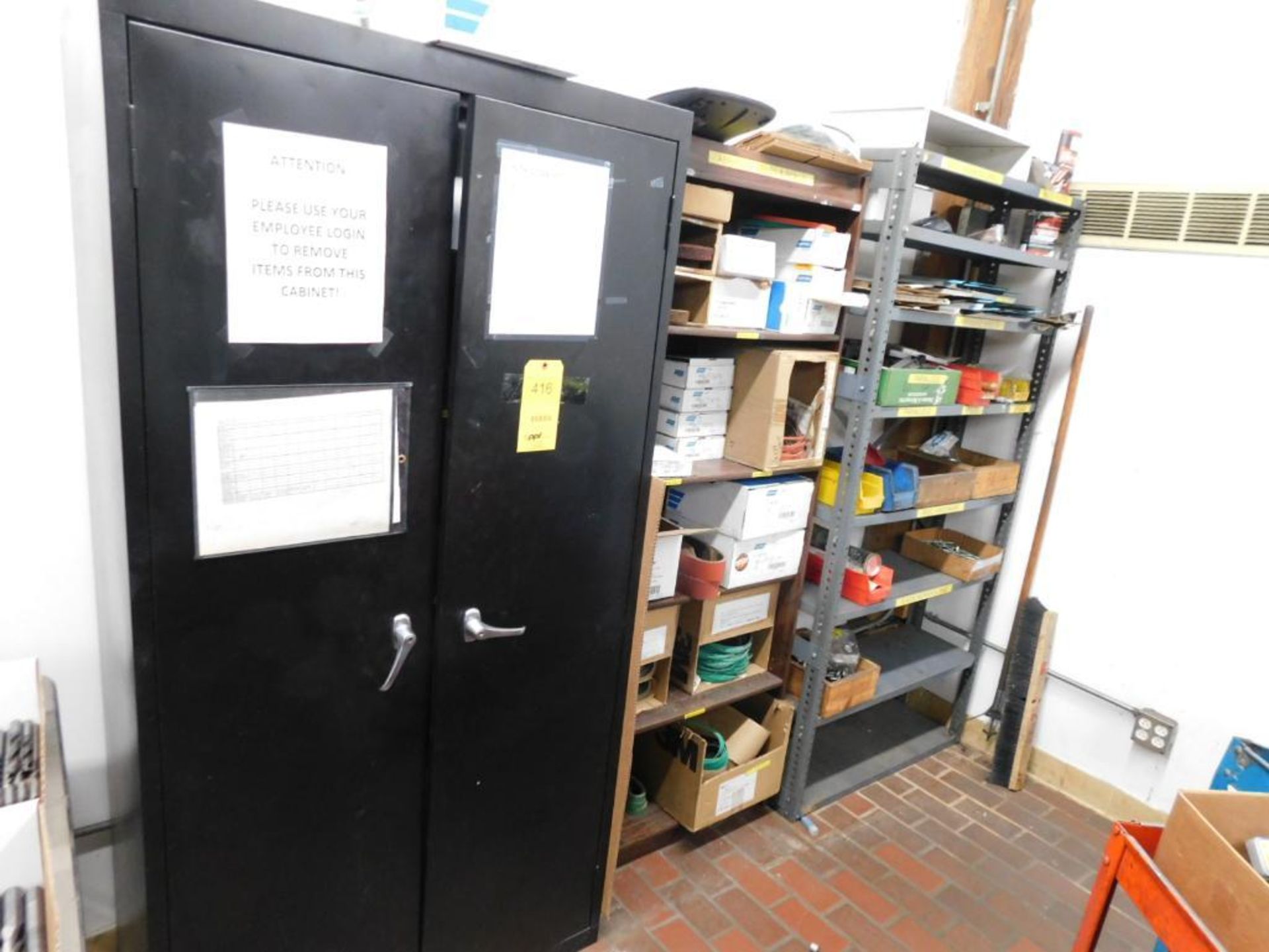 LOT: (3) Cabinets, (7) Shelves w/Assorted Abrasives, Belts, Hardware, etc.