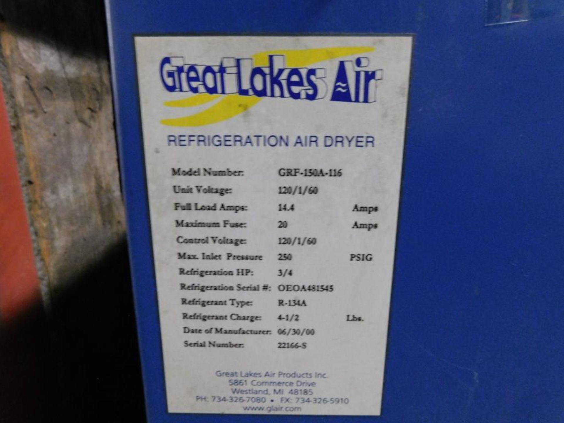 Great Lakes Air Refrigeration Air Dryer, Model GRF-150A-116, S/N 22166-S - Image 2 of 2