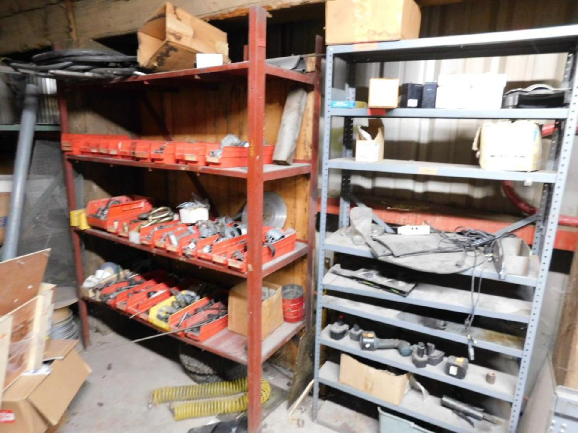 LOT: Contents of Maintenance Room: Fuse Boxes, Wire, Assorted Belts, Spare Machine Parts, - Image 6 of 13