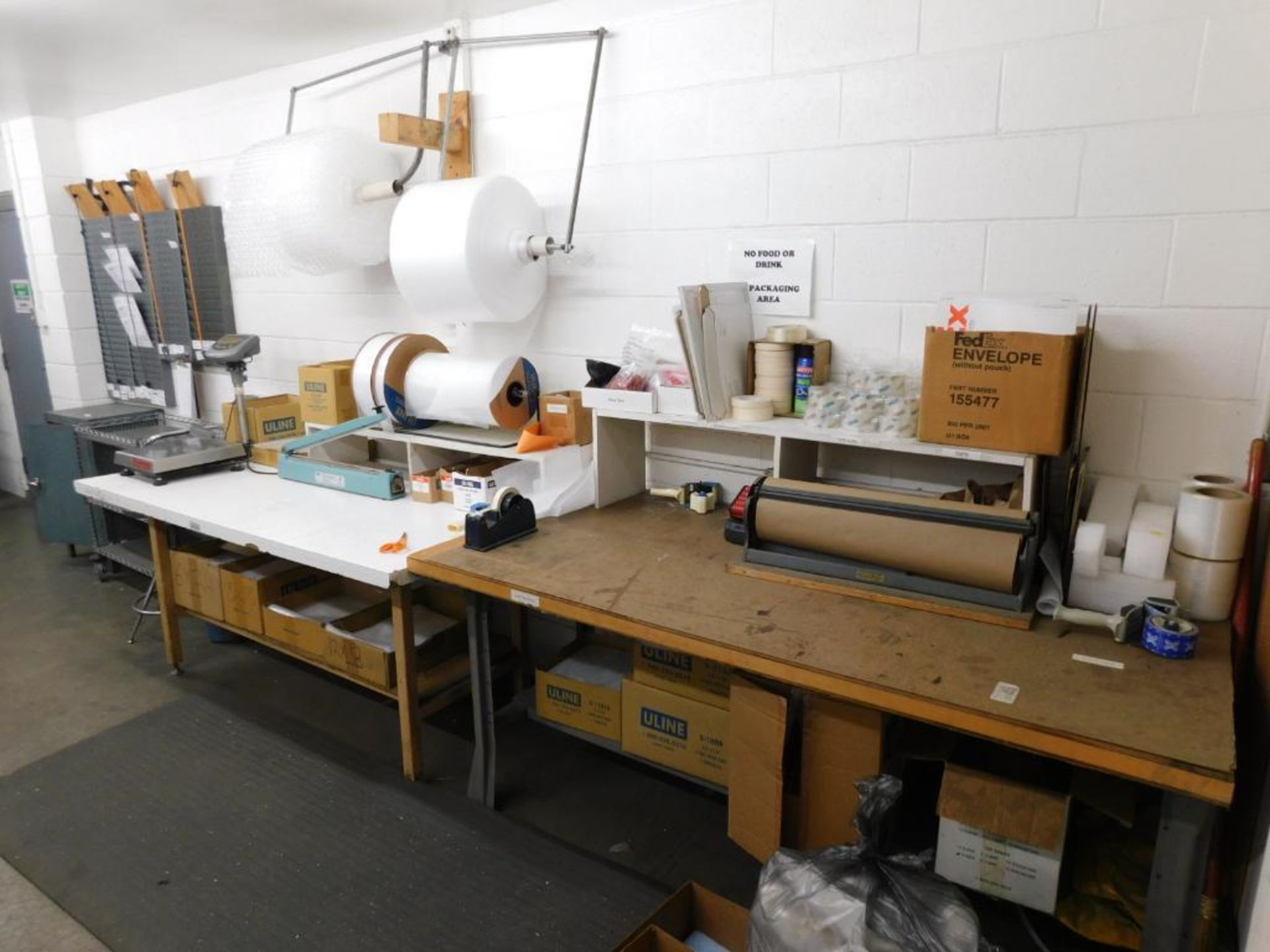 LOT: Contents of Shipping Office: Assorted Shipping Supplies, 6' x 3' Work Bench, 10' x 3' Rolling