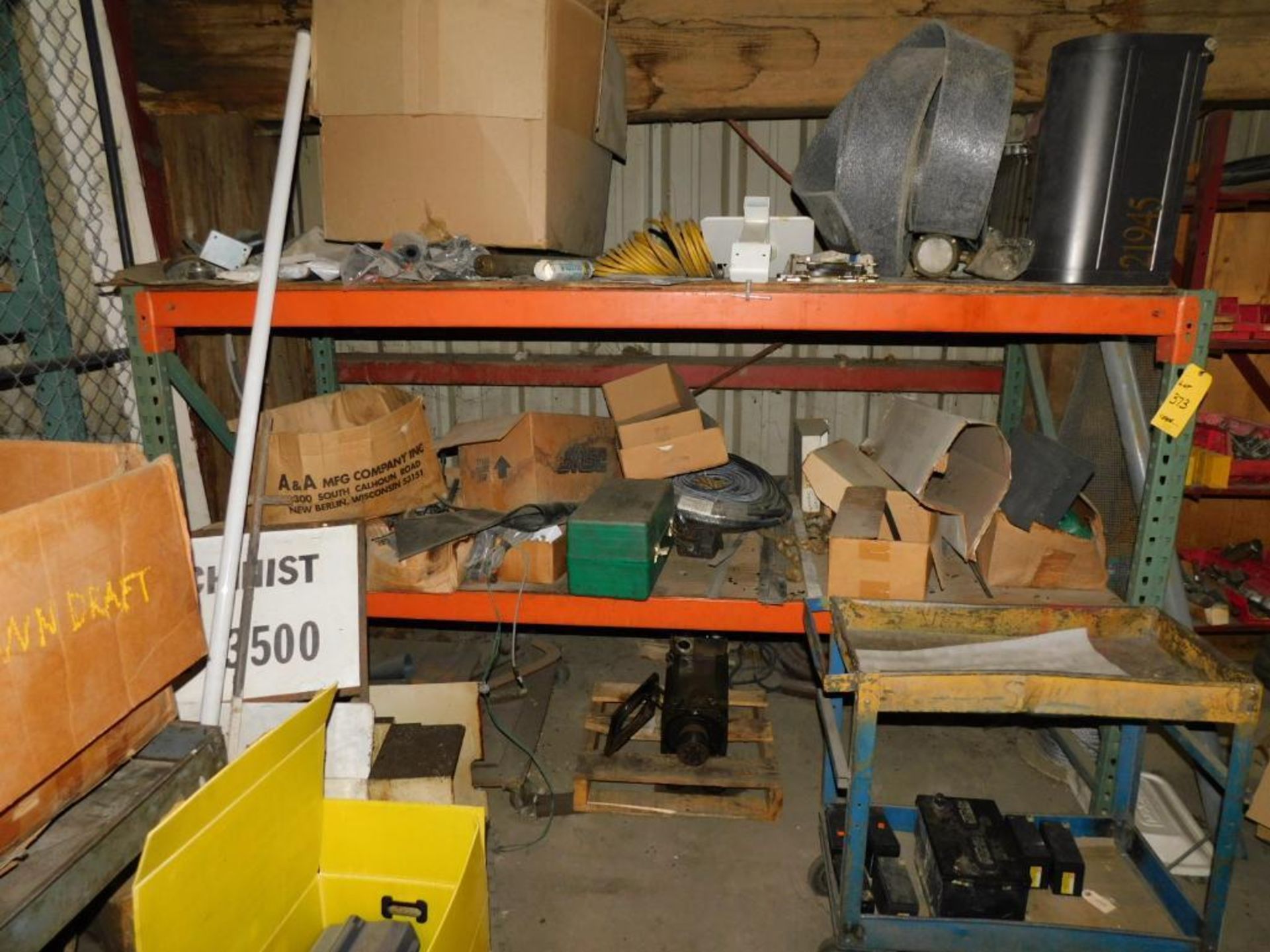 LOT: Contents of Maintenance Room: Fuse Boxes, Wire, Assorted Belts, Spare Machine Parts, - Image 7 of 13