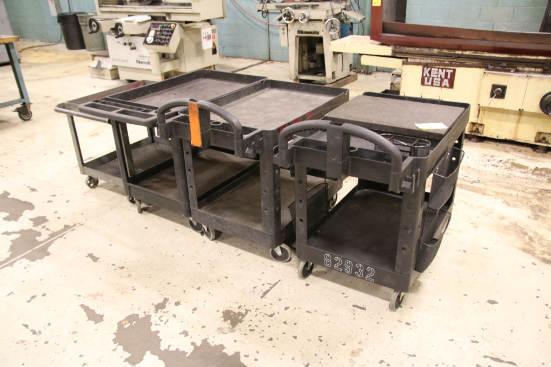 LOT: (3) Plastic Shop Carts and (1) Metal Cart, Also Includes (1) 24" x 18" x 3" Granite Surface