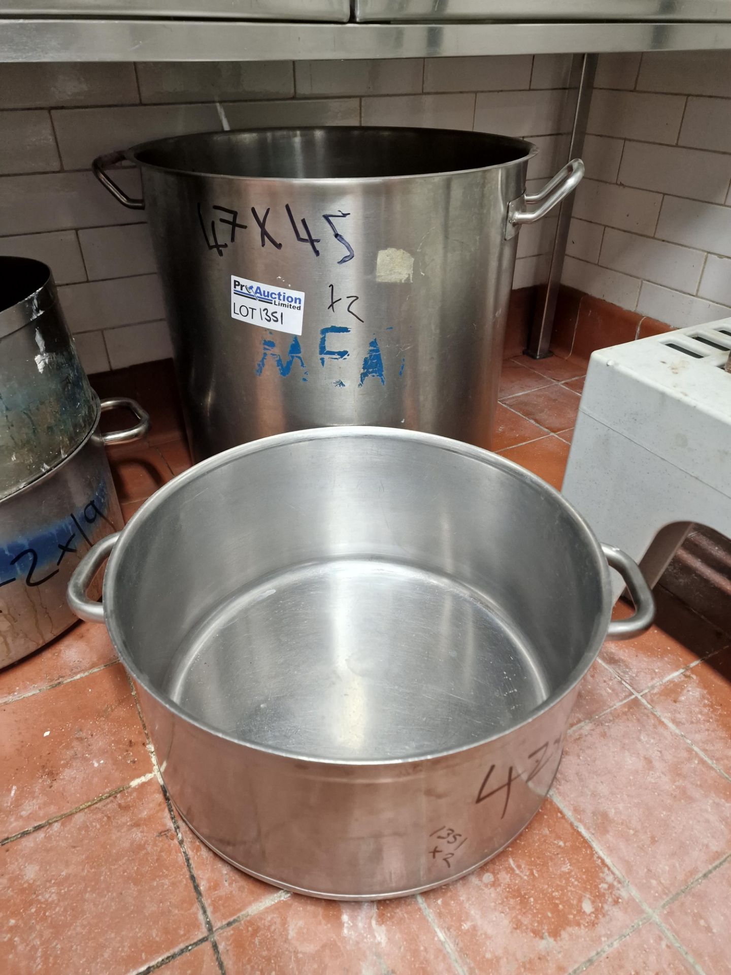 2 x Stainless Steel Commercial Stock Pots 47 x 45cm And 42 x 20cm Approximately 78 Litre And 28