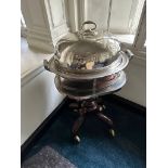 Mahogany Meat Carving Unit With Silver Plated Lid And Stand. Mahogany Baluster Frame On Brass Caster