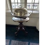 Mahogany Meat Carving Unit With Silver Plated Lid And Stand. Mahogany Baluster Frame On Brass Caster