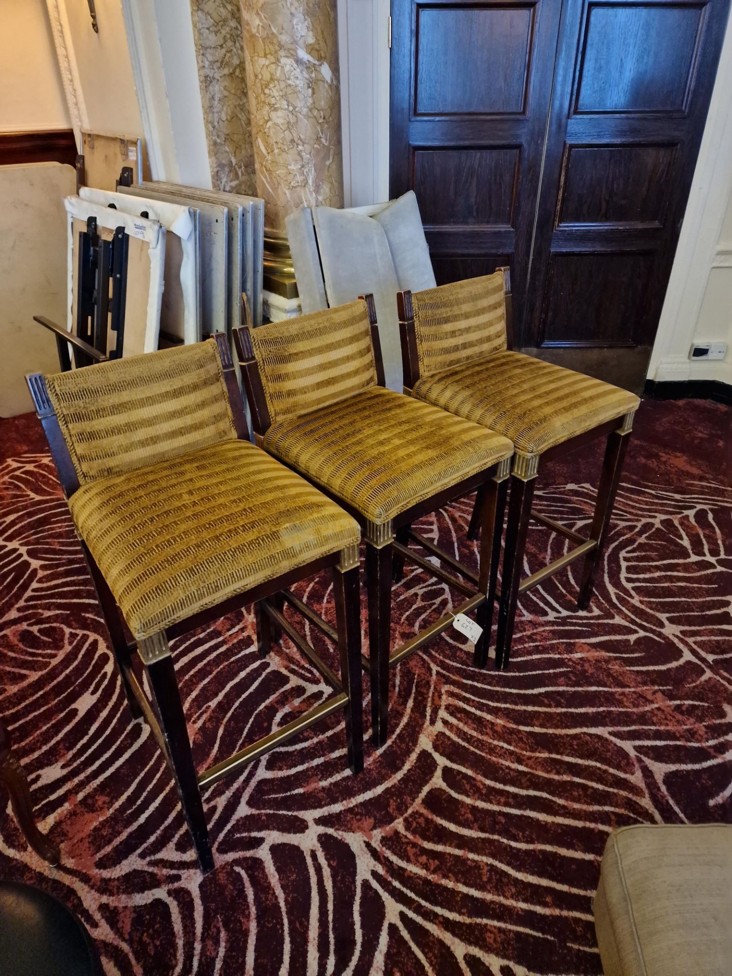 3 x mahogany upholstered bar stools in a gold brown fabric with padded seat pad and back rest the