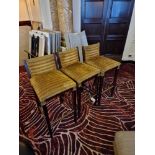 3 x mahogany upholstered bar stools in a gold brown fabric with padded seat pad and back rest the