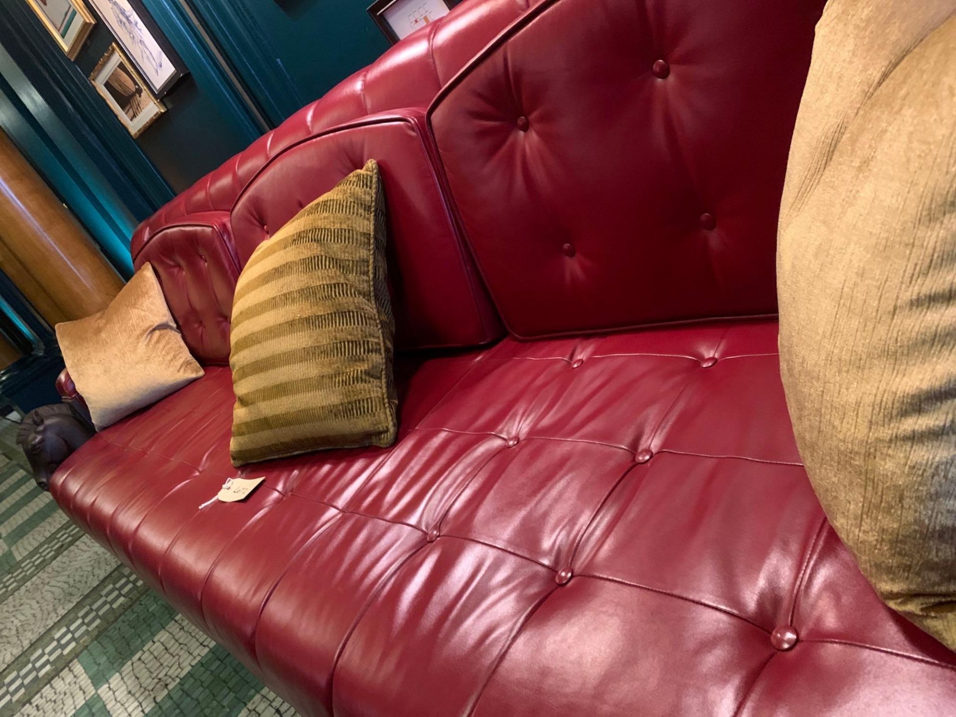 A Bespoke Robert Angell Timber Seating Bench Upholstered in Tufted And Sticked Red Leather The Oak - Bild 6 aus 6