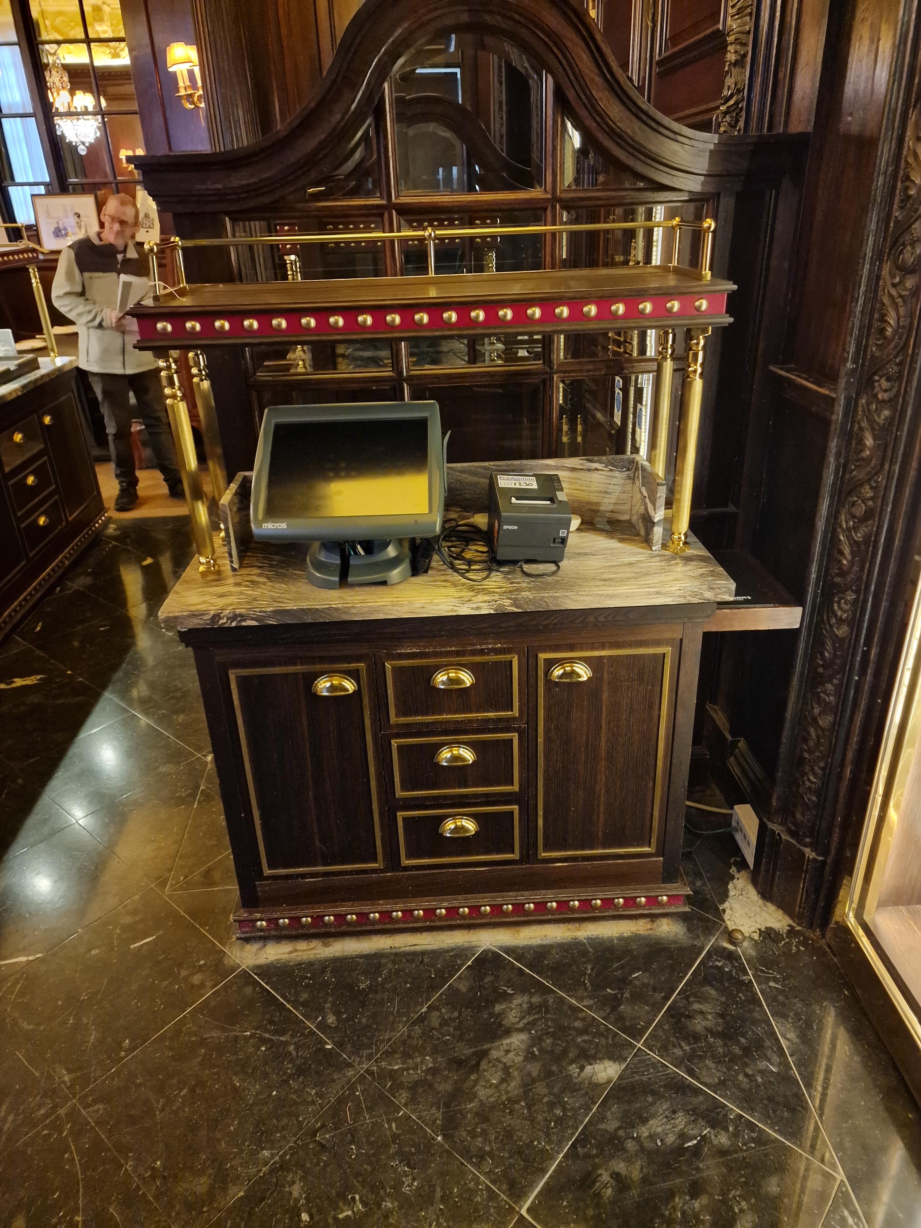 A bespoke Robert Angell marble top dumb waiter station two door three drawer timber unit in oiled - Image 3 of 4