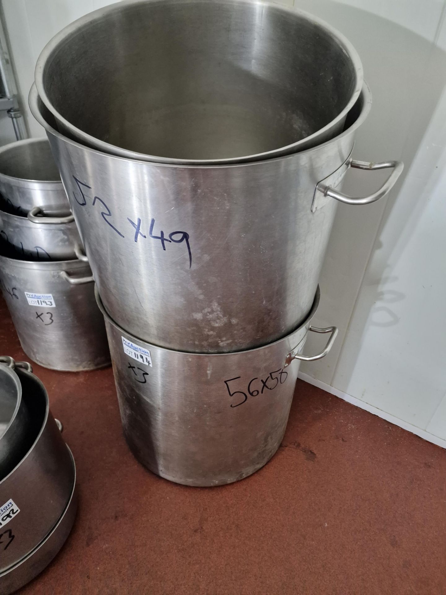 3 x Stainless Steel Heavy Duty Commercial Stock Pots 56 x 56cm, 52 x 49cm And 47 x 42cm