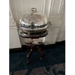 Mahogany Meat Carving Unit With Silver Plated Lid And Stand. Mahogany Baluster Frame On Brass Caster