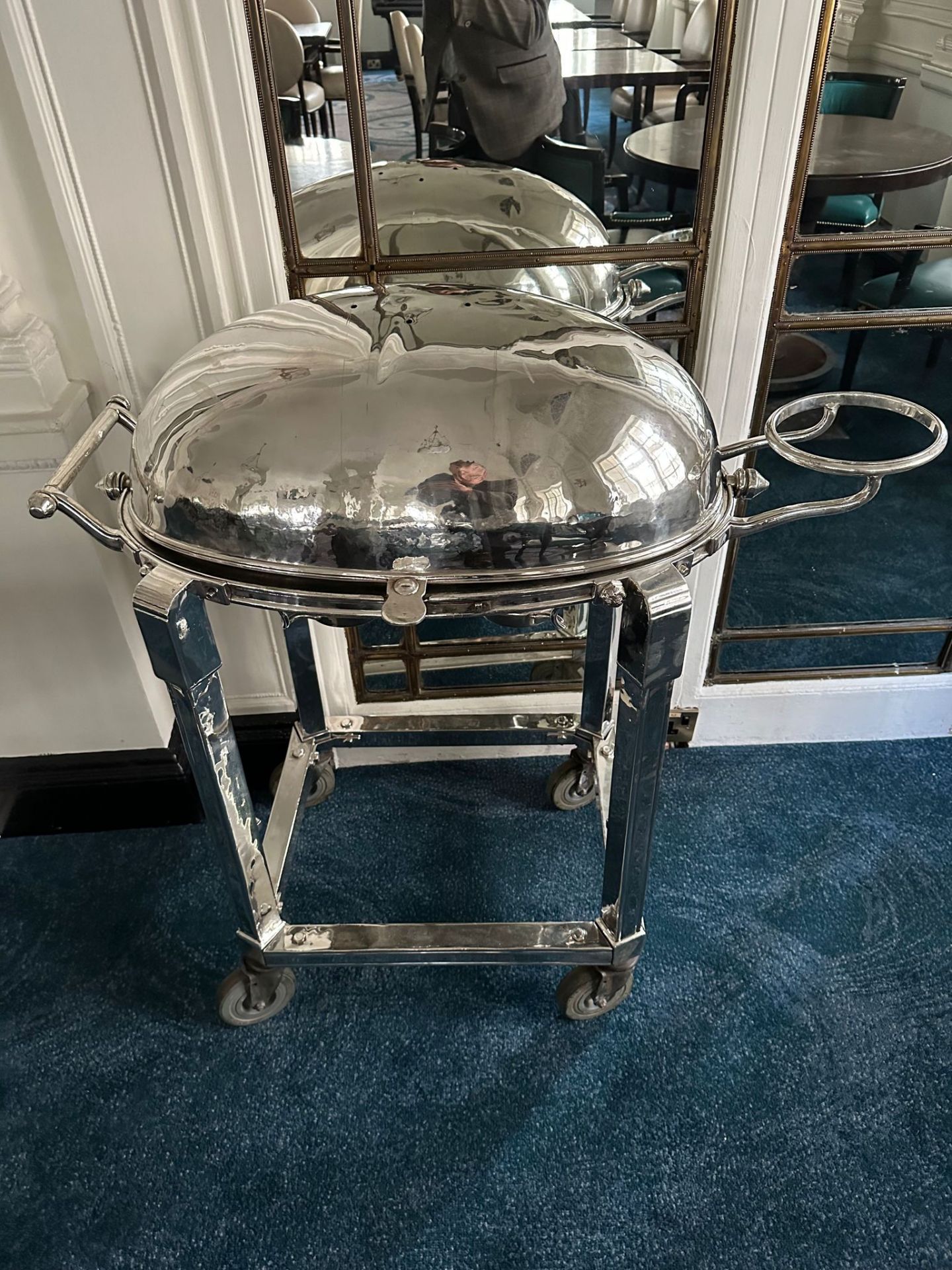 A Silver Plated Meat Carving Trolley With Roll Over Lid Cover And Bowl Holder. (Bowl Not Included)