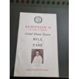 Simpsons In The Strand Grand Divan Tavern Bill Of Fare Menu Card 11 November 1957