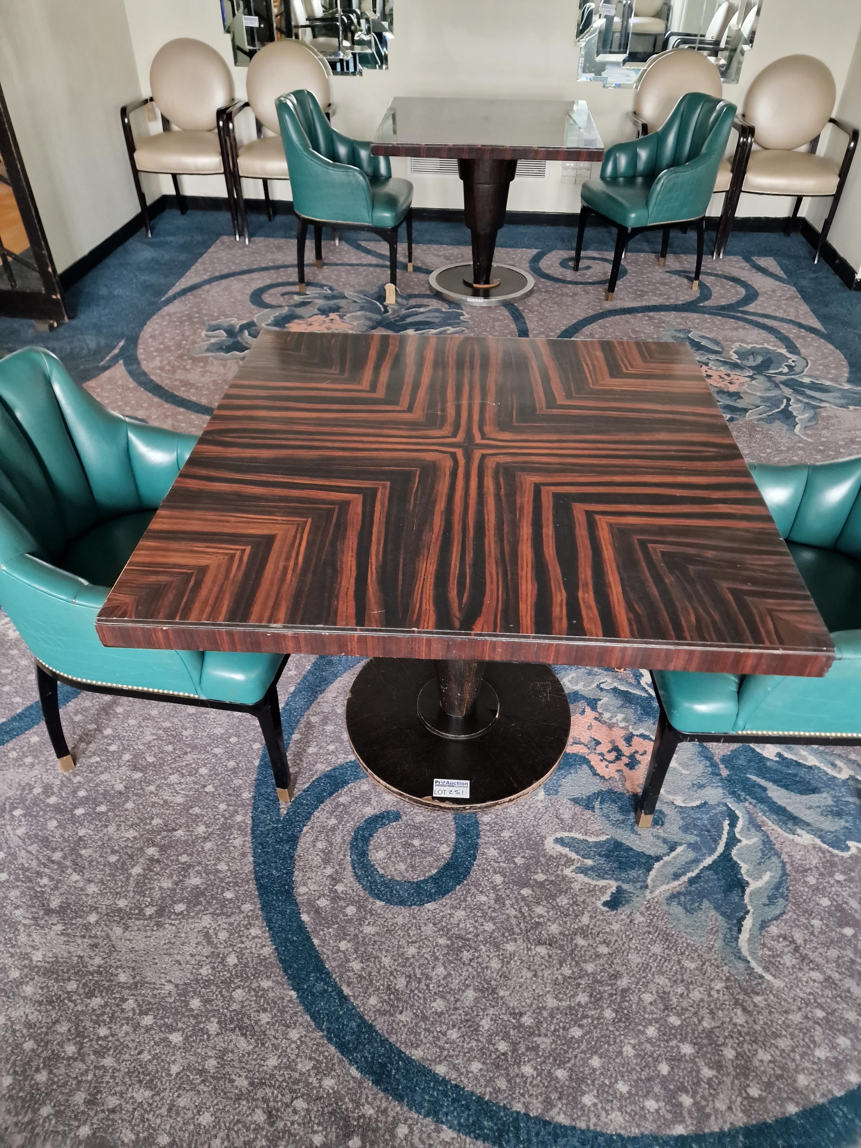 Square dining table art deco style macassar ebony and palm veneer on solid timber frame mounted on