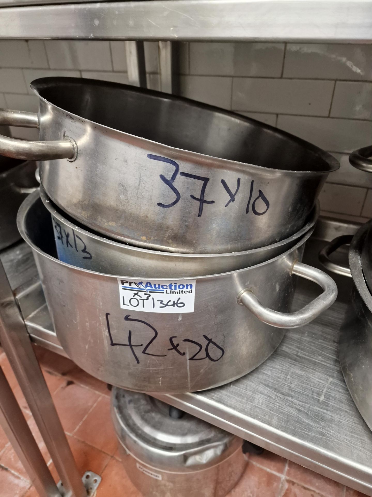 3 x Stainless Steel Commercial Stock Pots 37 x 10cm , 37 x 13cm And 47 x 20cm Approximately 11