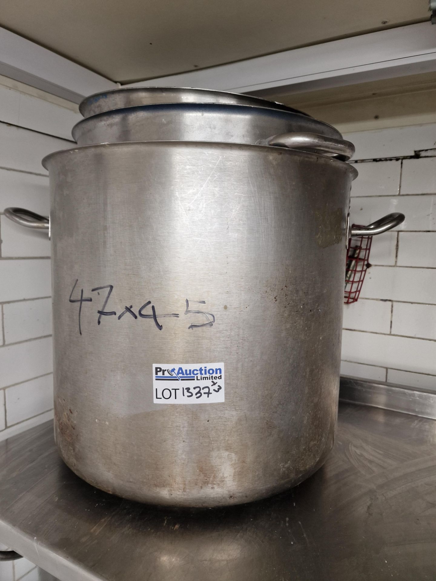 3 x Stainless Steel Commercial Stock Pots 47 x 45cm, 42 x 27cm And 38 x 10cm Approximately 78 Litre,