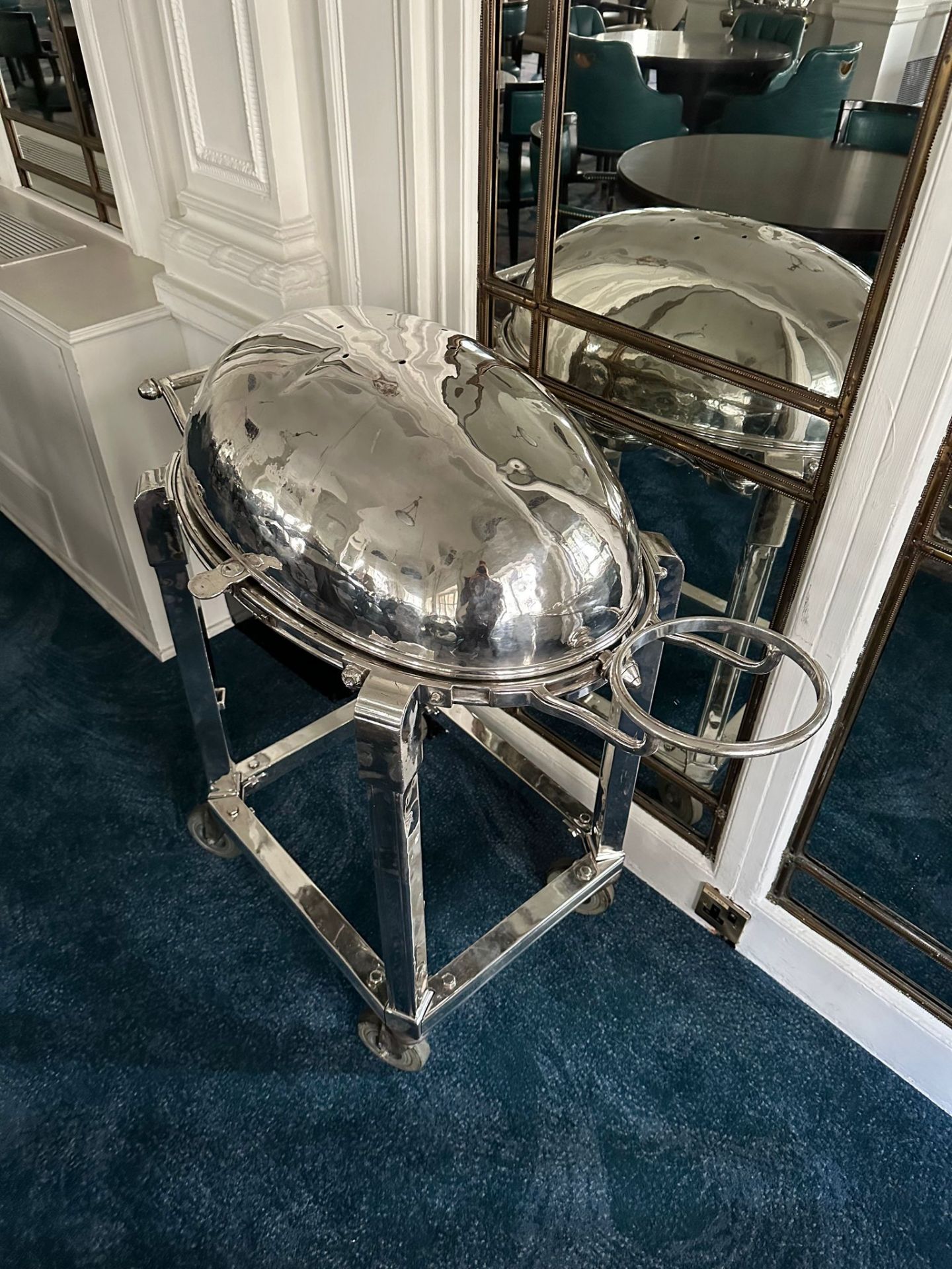 A Silver Plated Meat Carving Trolley With Roll Over Lid Cover And Bowl Holder. (Bowl Not Included) - Image 2 of 4