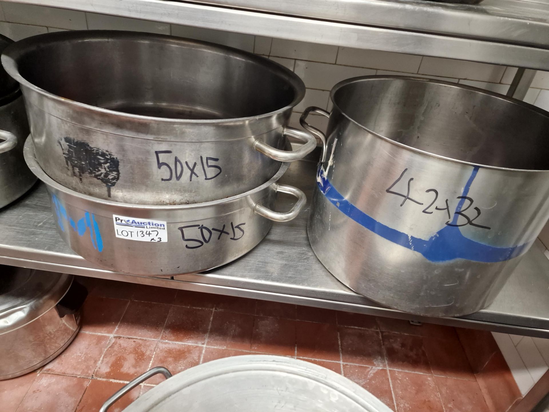 3 x Stainless Steel Commercial Stock Pots 50 x 15cm, 50 x 15cm And 42 x 32cm Approximately 29