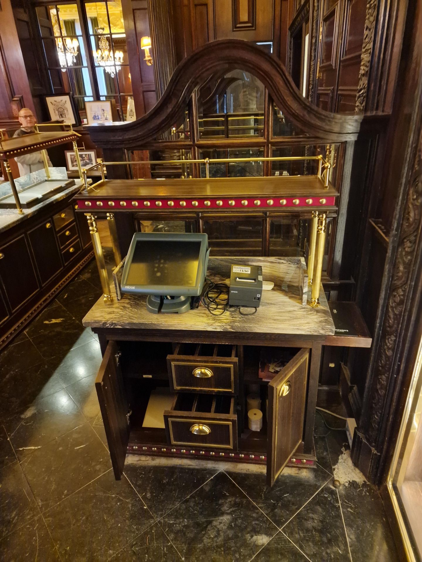 A bespoke Robert Angell marble top dumb waiter station two door three drawer timber unit in oiled