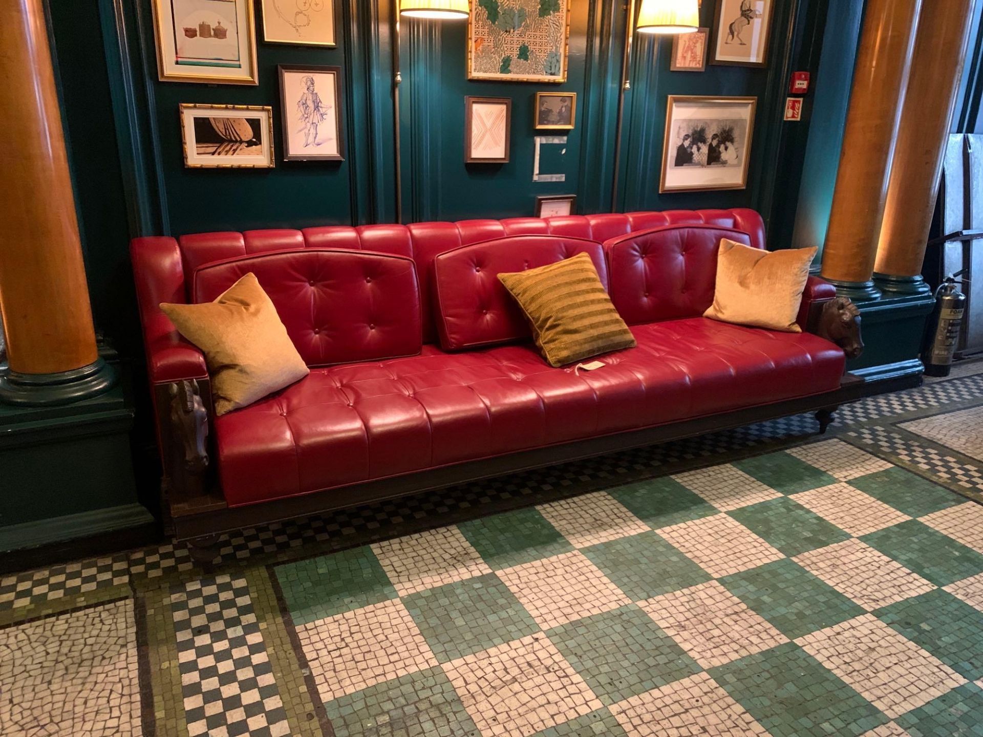 A Bespoke Robert Angell Timber Seating Bench Upholstered in Tufted And Sticked Red Leather The Oak