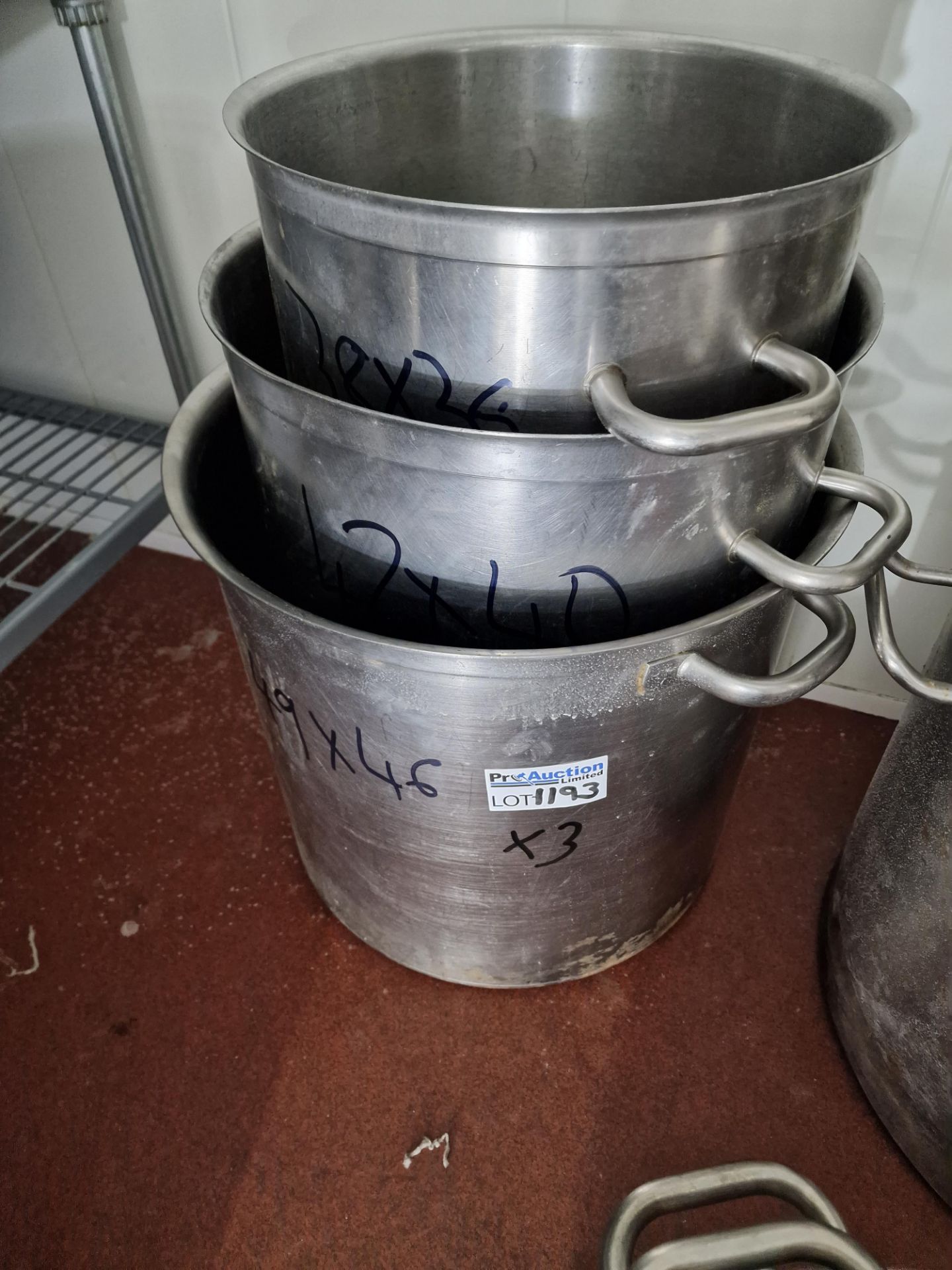 3 x Stainless Steel Heavy Duty Commercial Stock Pots 49 x 46cm. 42 x 40cm And 38 x 36cm