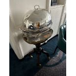 Mahogany Meat Carving Unit With Silver Plated Lid And Stand. Mahogany Baluster Frame On Caster