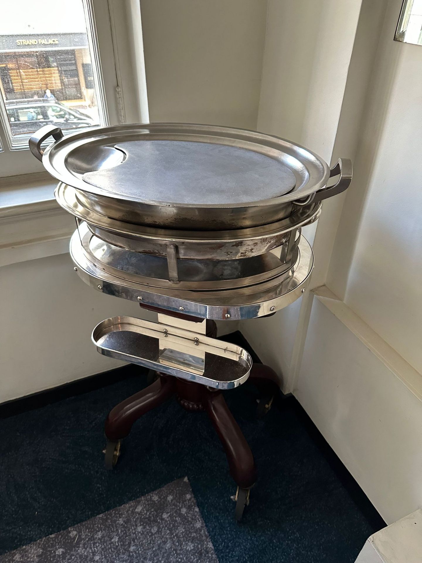 Mahogany Meat Carving Unit With Mahogany Baluster Frame On Caster Wheels With 2 Stainless Steel Tray
