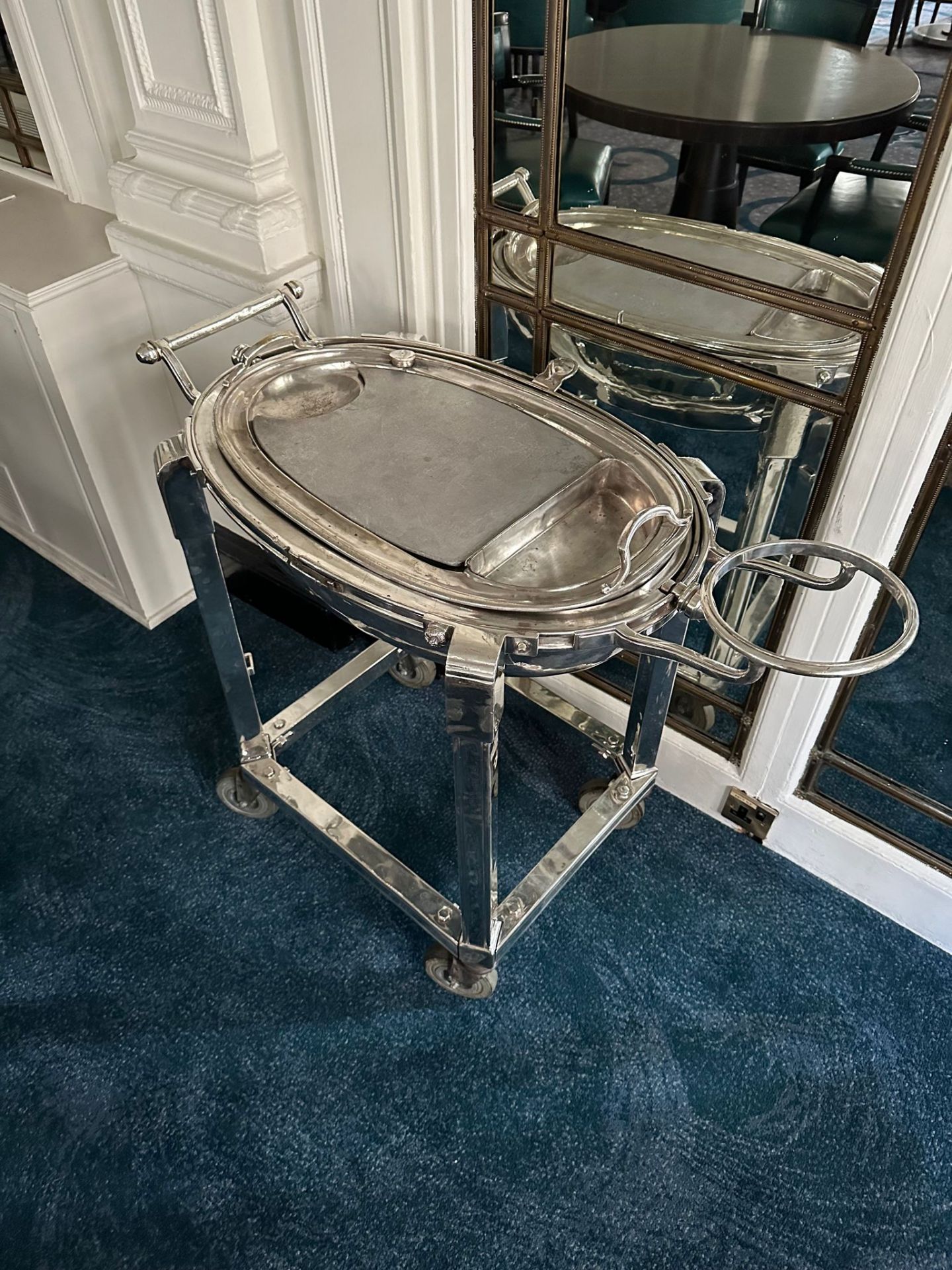 A Silver Plated Meat Carving Trolley With Roll Over Lid Cover And Bowl Holder. (Bowl Not Included) - Image 3 of 4