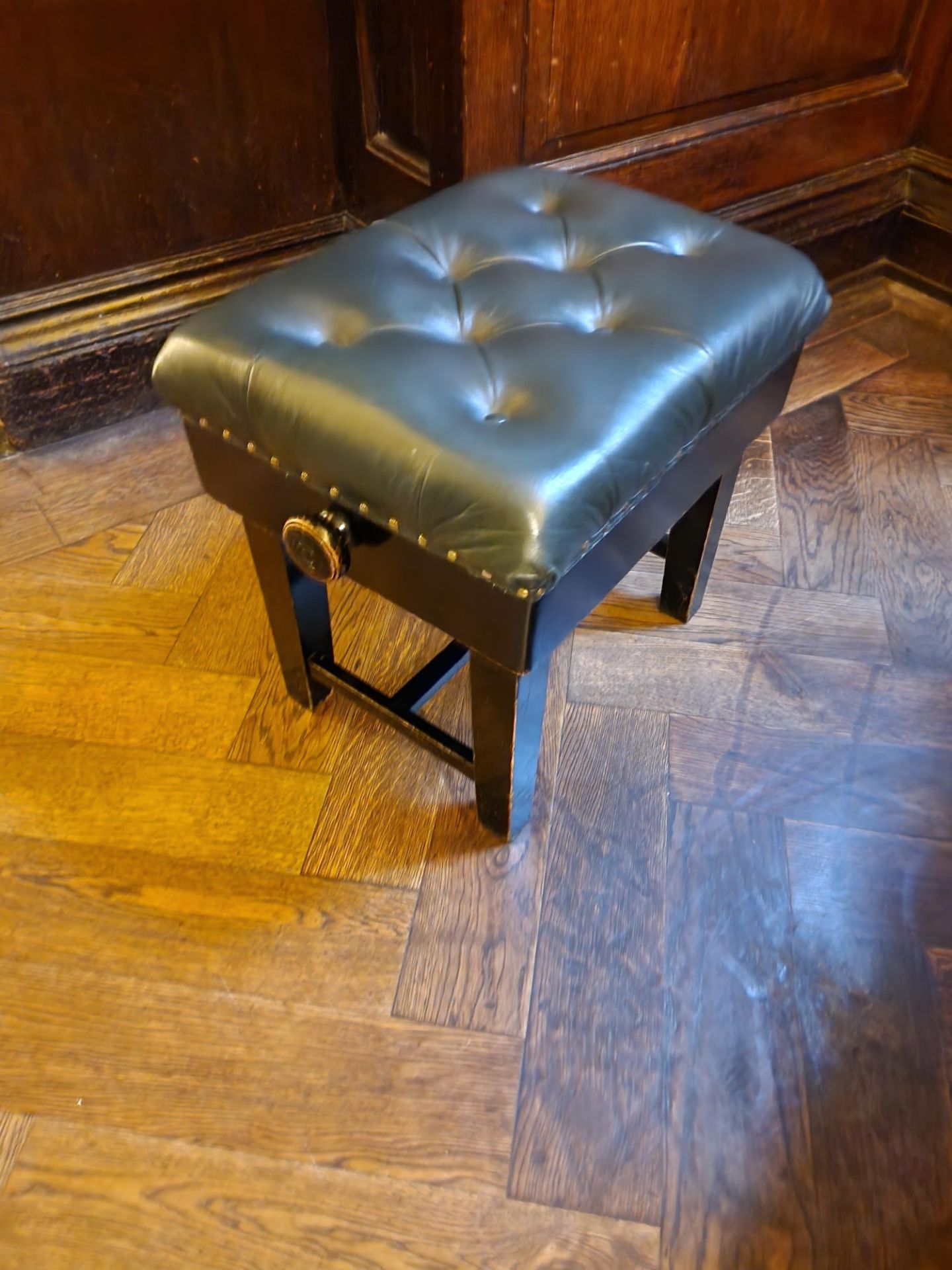 A tufted green leather piano stool with stud pin detail on a mahogany timber frame height adjustable - Image 2 of 2