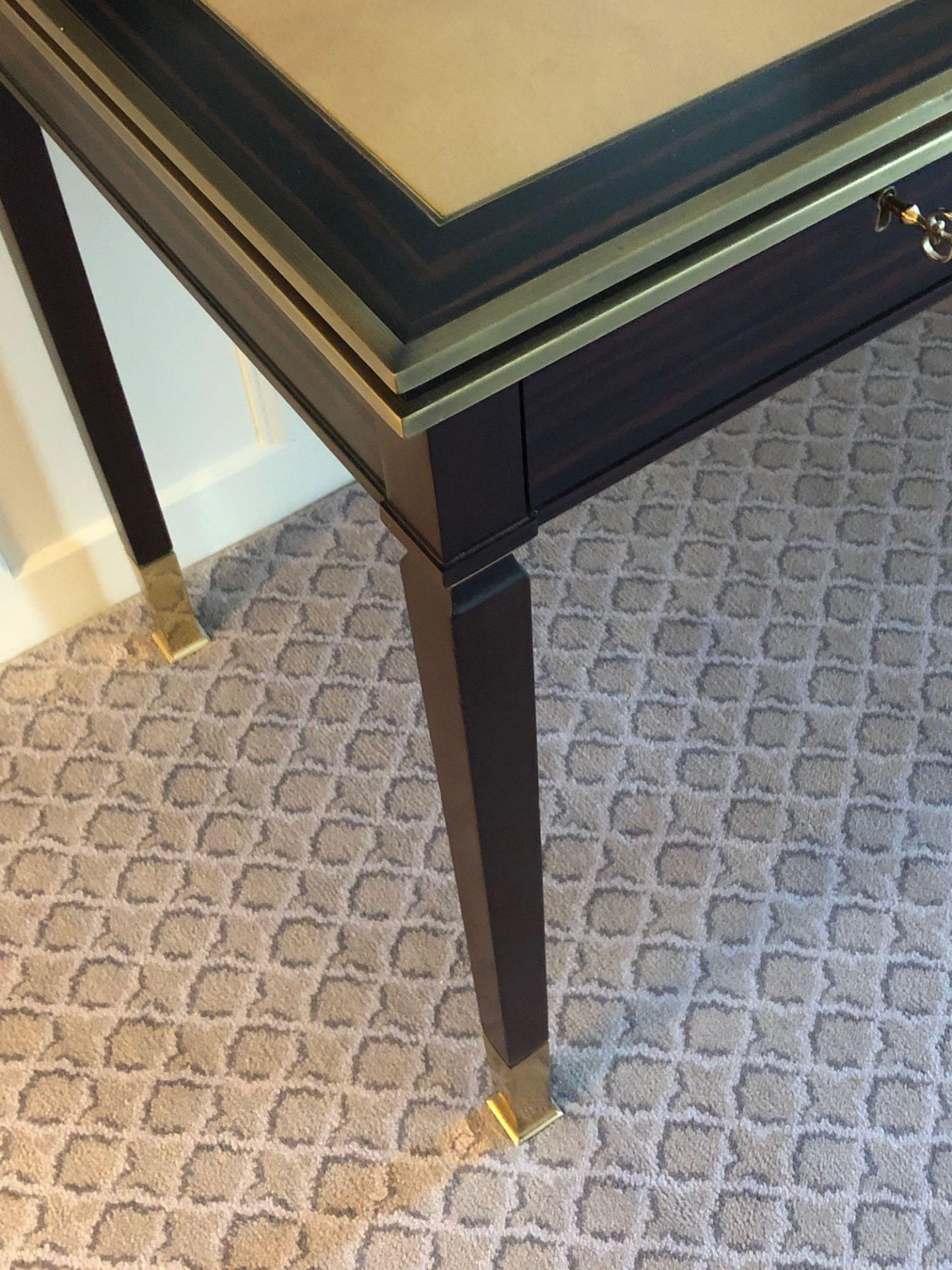 Writing Desk High Gloss Ebony Wood With Tooled Leather Inlay Faux Central Drawer Flanked By Single - Image 4 of 4