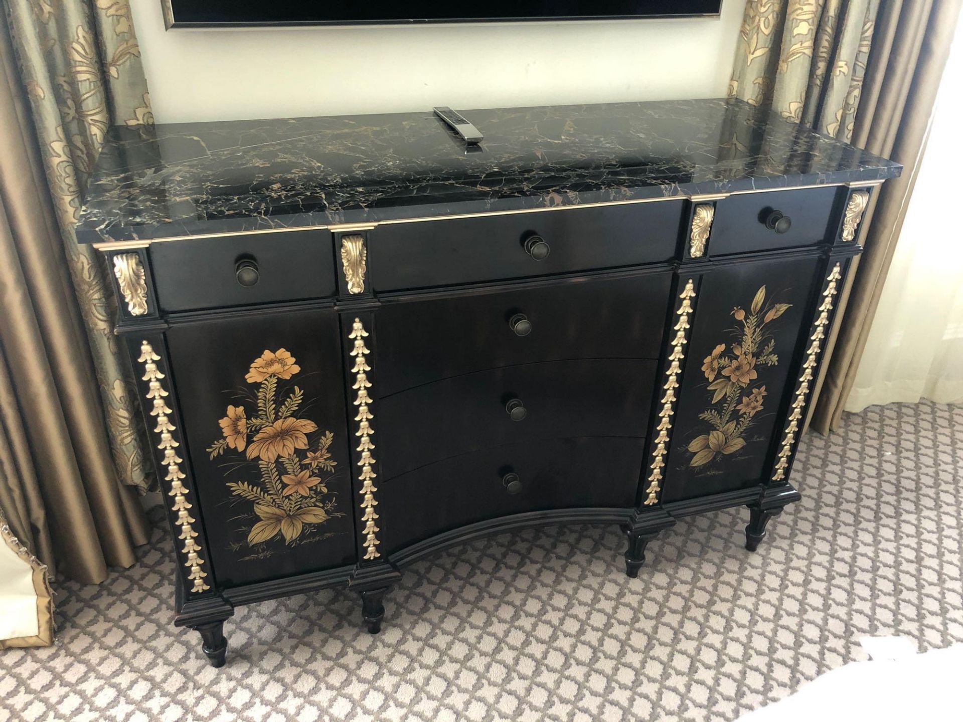 Black Lacquer Hand Decorated Chinoiserie Serpentine Commode By Restall Brown And Clennell The Six