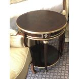 Circular Side Table With Antiqued Plate Top And Brass Trim Mounted On Tapering Legs With Brass