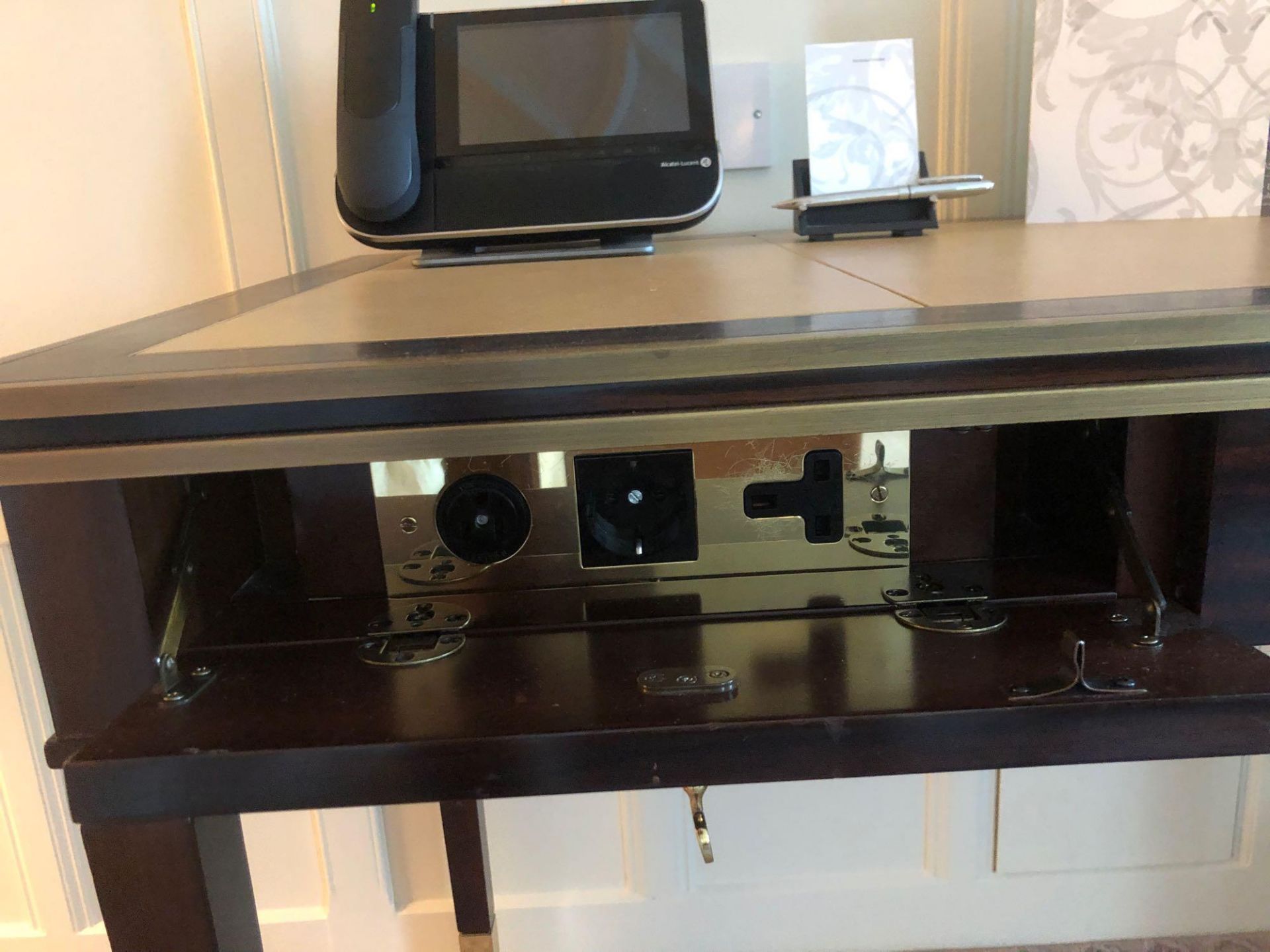 Writing Desk High Gloss Ebony Wood With Tooled Leather Inlay Faux Central Drawer Flanked By Single - Image 3 of 4