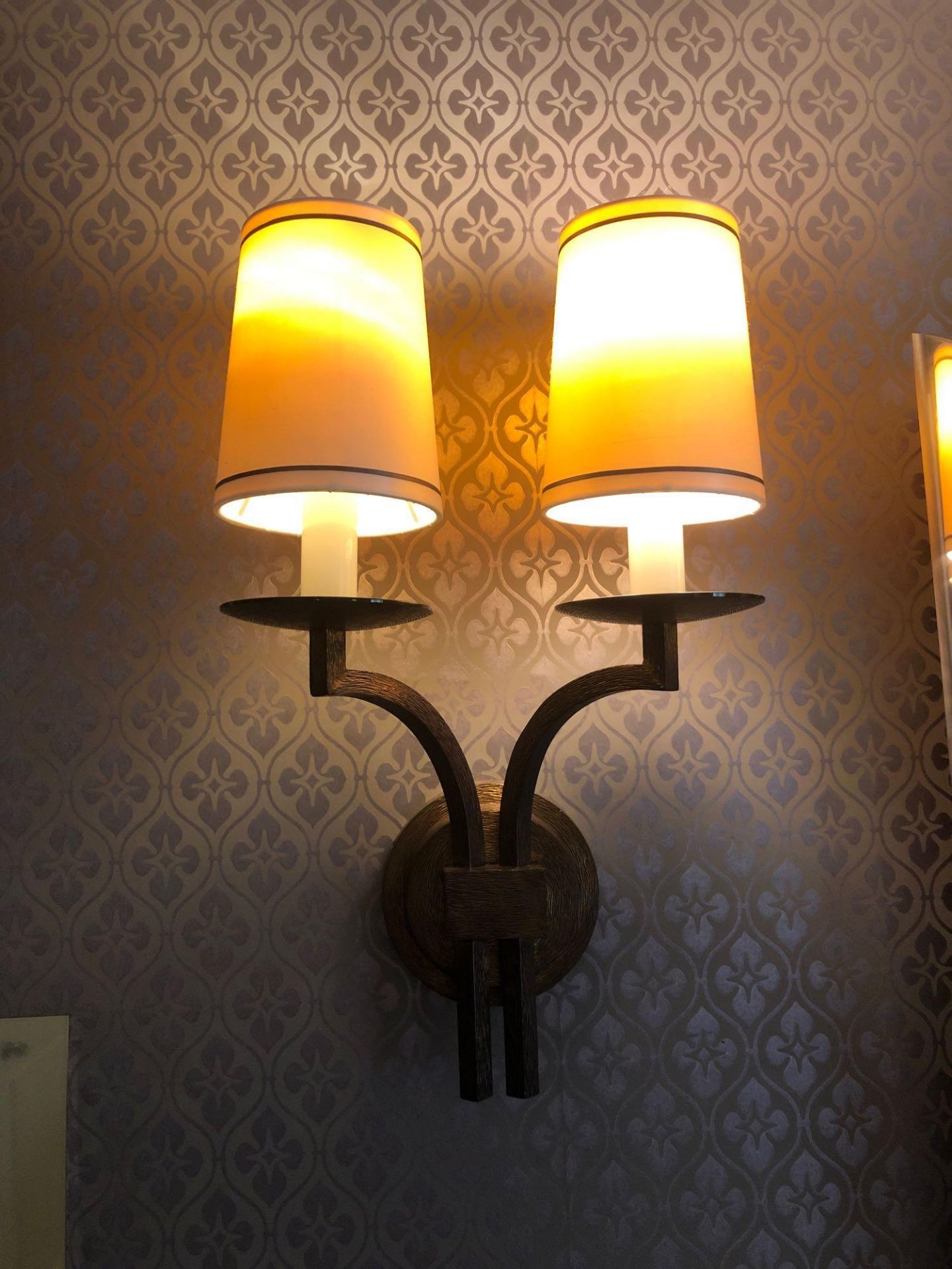 A Pair Of Dernier And Hamlyn Twin Arm Antique Bronzed Wall Sconces With Shade 51cm (Room 514)