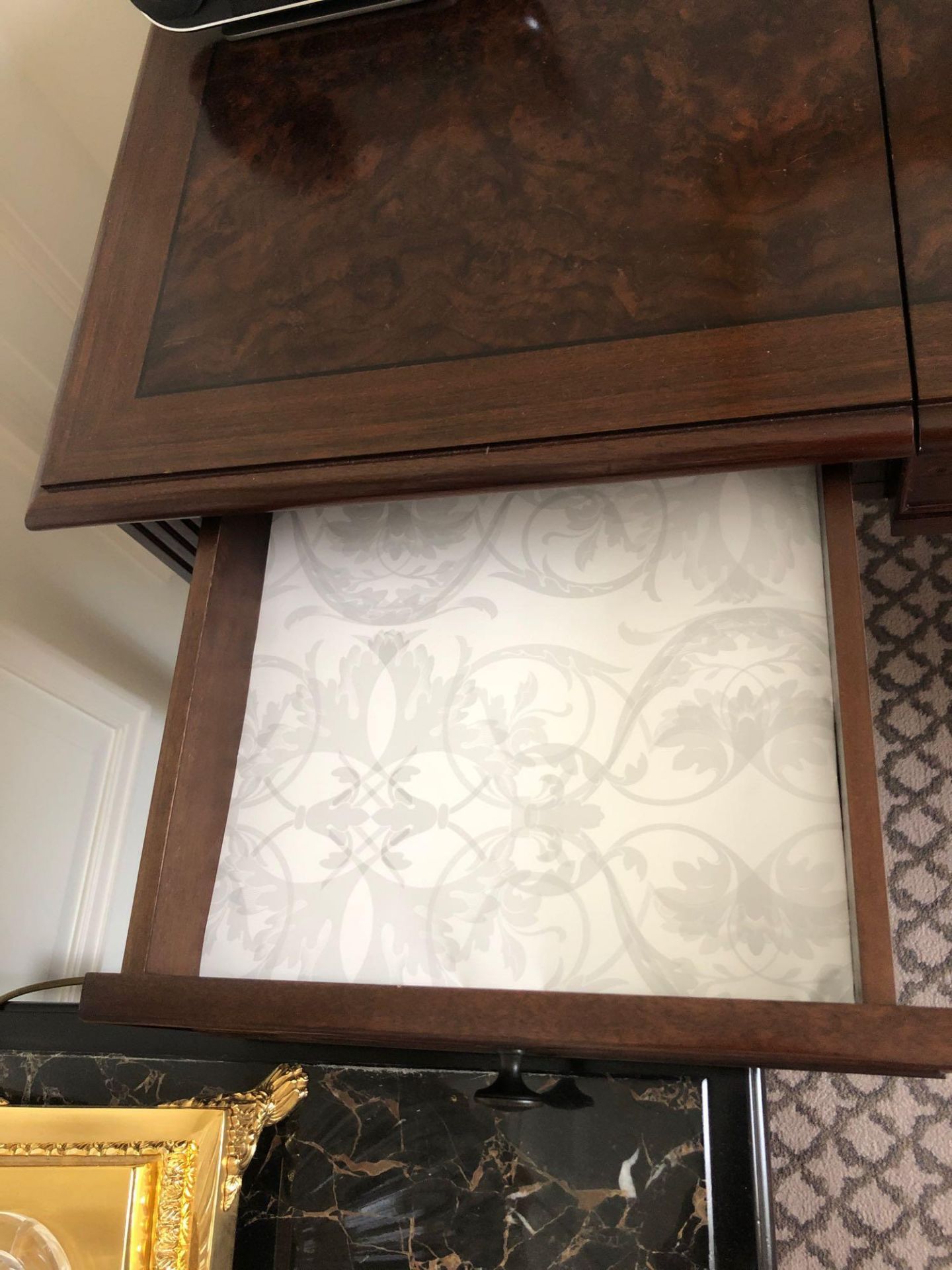 A Burr Mahogany Writing Desk / Dressing Table Fitted With Two Small Side Drawers The Central Panel - Image 3 of 6