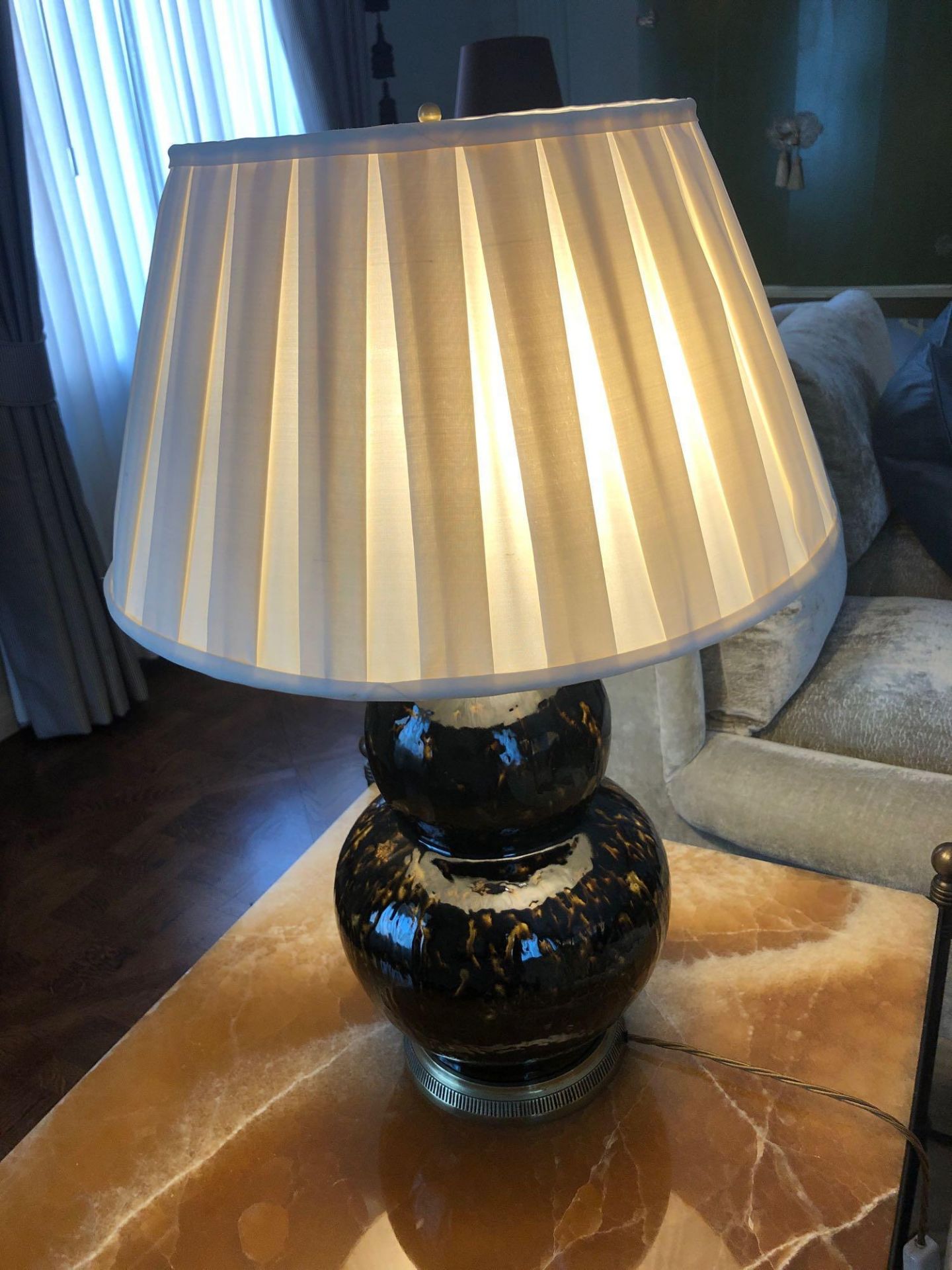 A Pair Of Heathfield And CO Double Gourd Brown Silhouette Table Lamp With Cream Pleated Lamp Shade